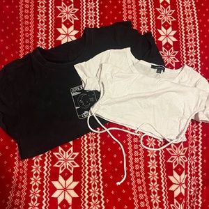 black Tee Moon embroidery design and white cropped tie tee (M)